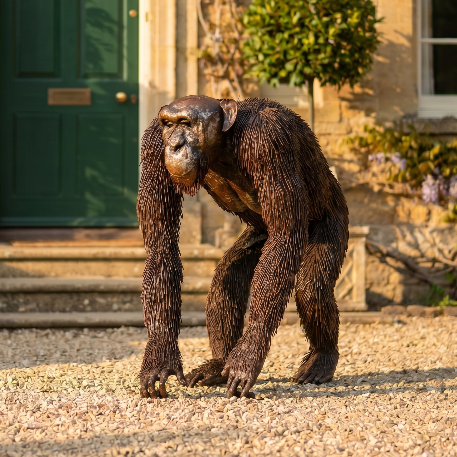 Chimpanzee standing on a gravel path in front of a house with a green door.