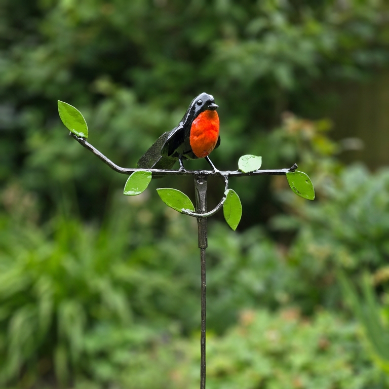 Decorative garden stake with a bird design on a grassy background