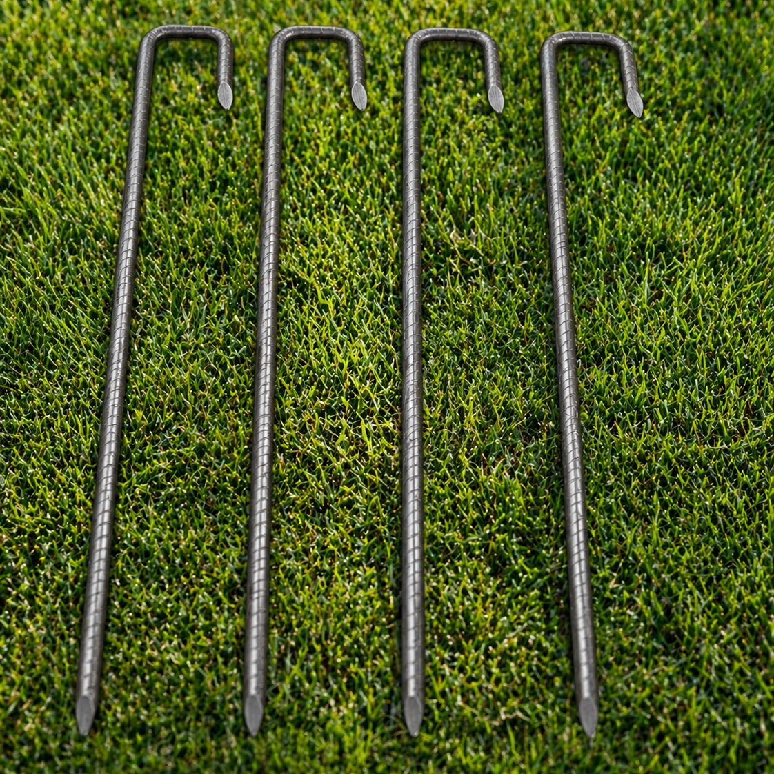 Four metal tent stakes on a grassy background