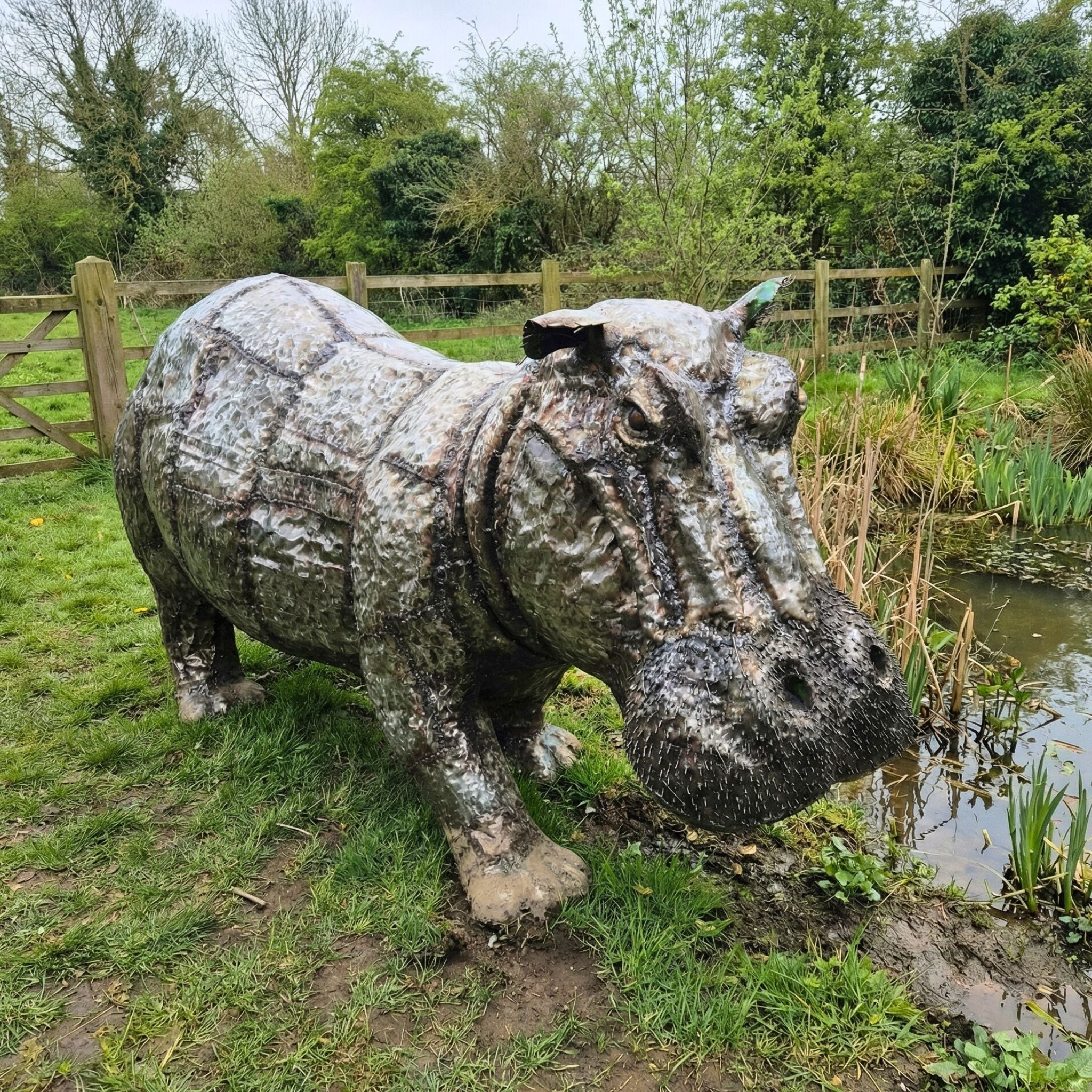 Life Size Natural Hippo Metal Sculpture
