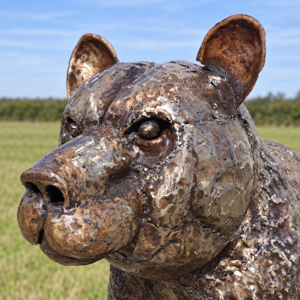 Bear Cub Sculpture, close-up of the head and metalwork