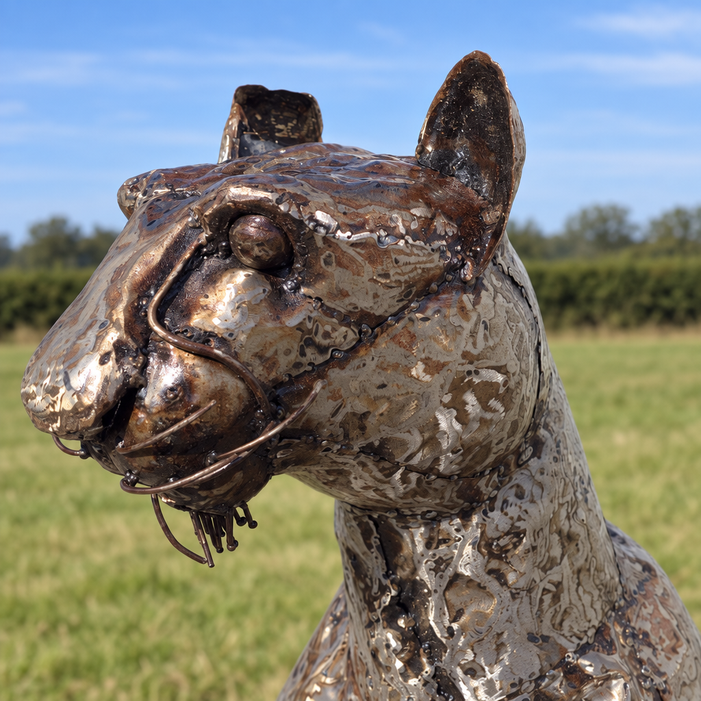 Sitting Cheetah Sculpture - Head Up, close-up of the head and metalwork