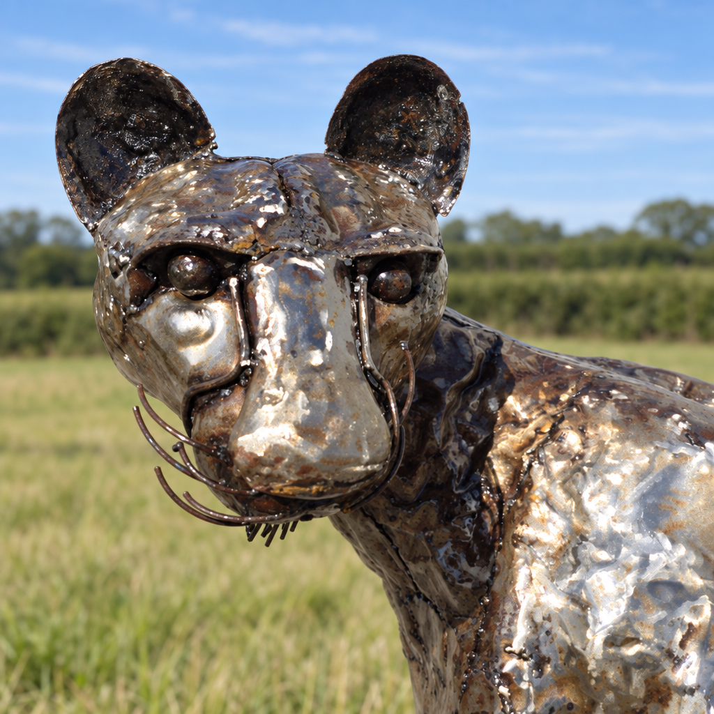 Sitting Cheetah Sculpture - Looking Left, close-up of the head and metalwork