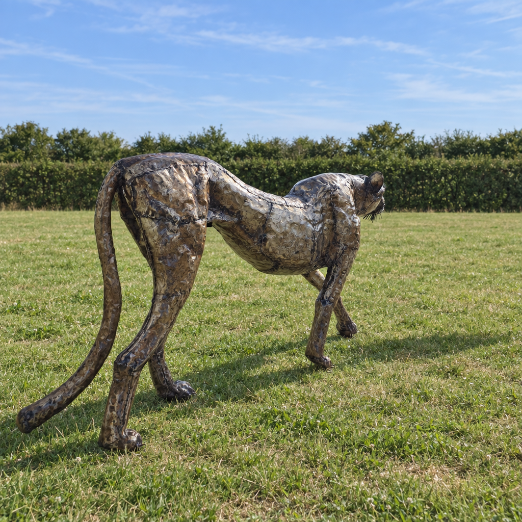 Standing Cheetah Sculpture - Looking Forward, rear view in an outdoor setting