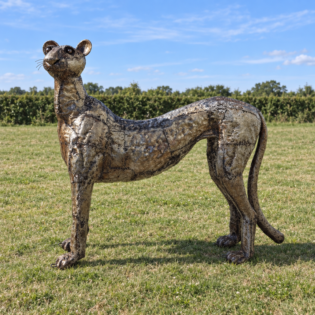 Standing Cheetah Sculpture - Looking Up Left, three-quarter view in an outdoor setting