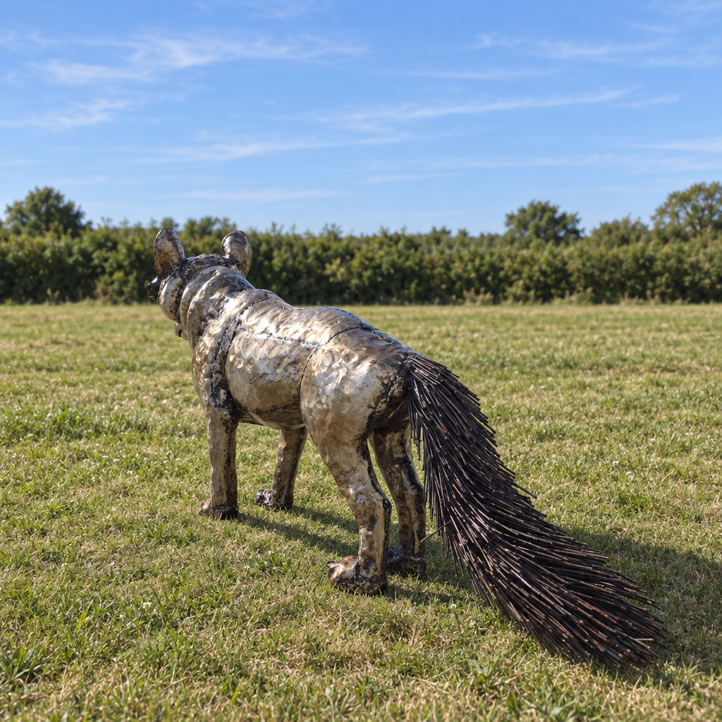Standing Fox Sculpture, rear view in an outdoor setting
