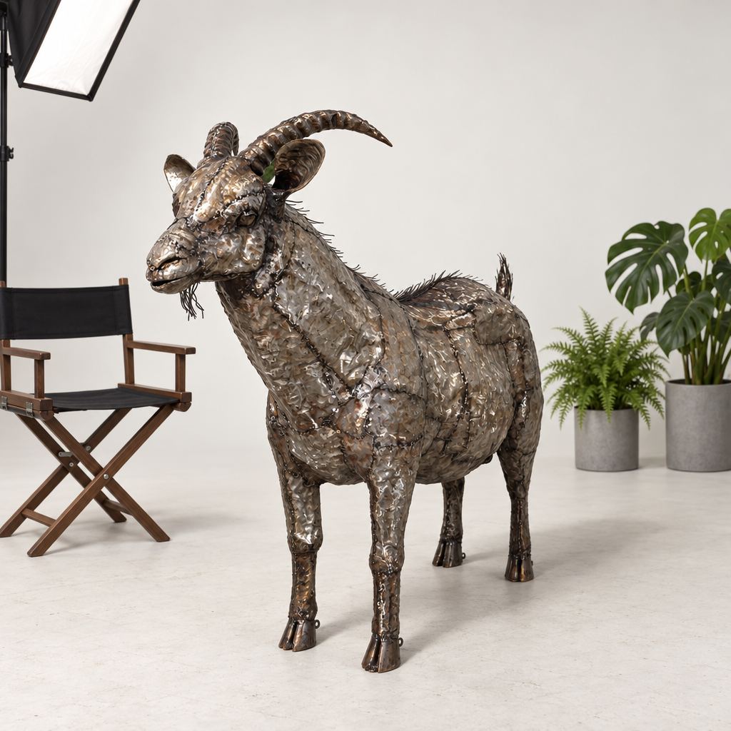 Goat Sculpture, three-quarter view in the studio