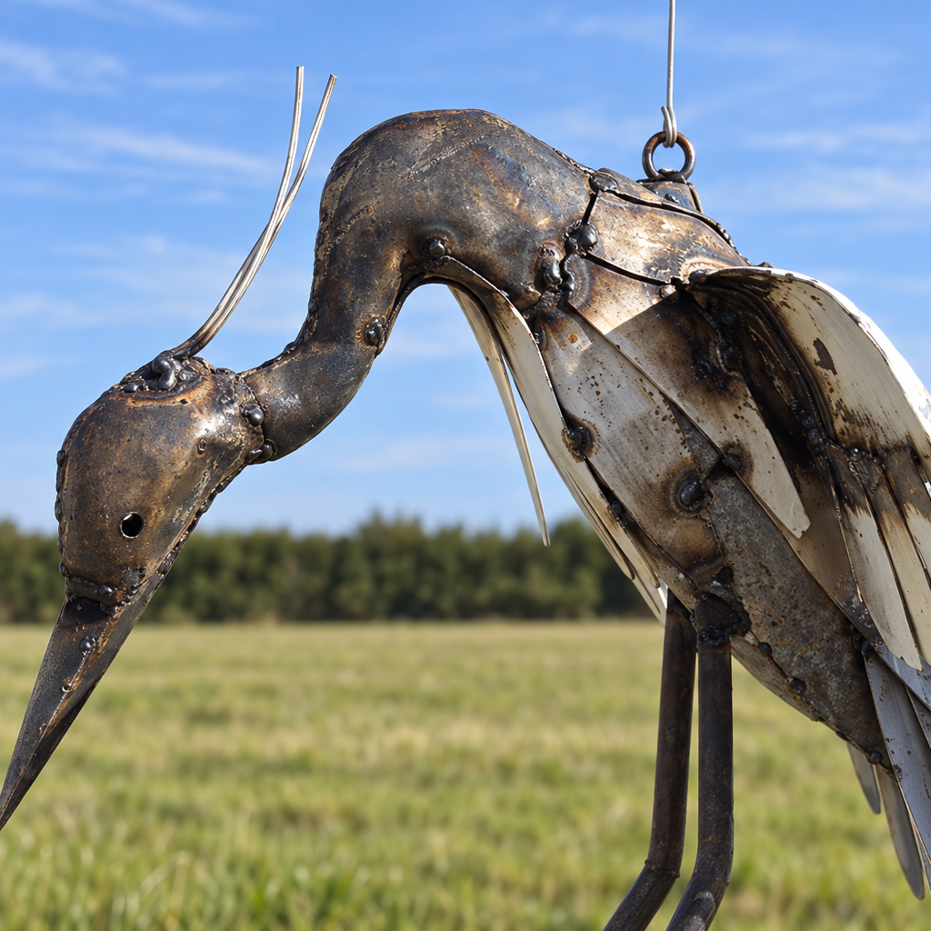 Hanging Heron Sculpture, close-up of the head and metalwork