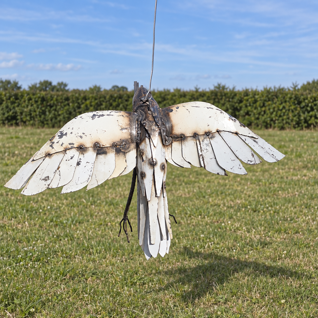 Hanging Heron Sculpture, rear view in an outdoor setting