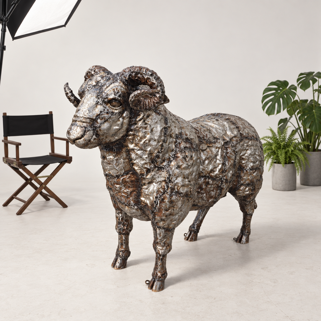 Ram Sculpture, three-quarter view in the studio