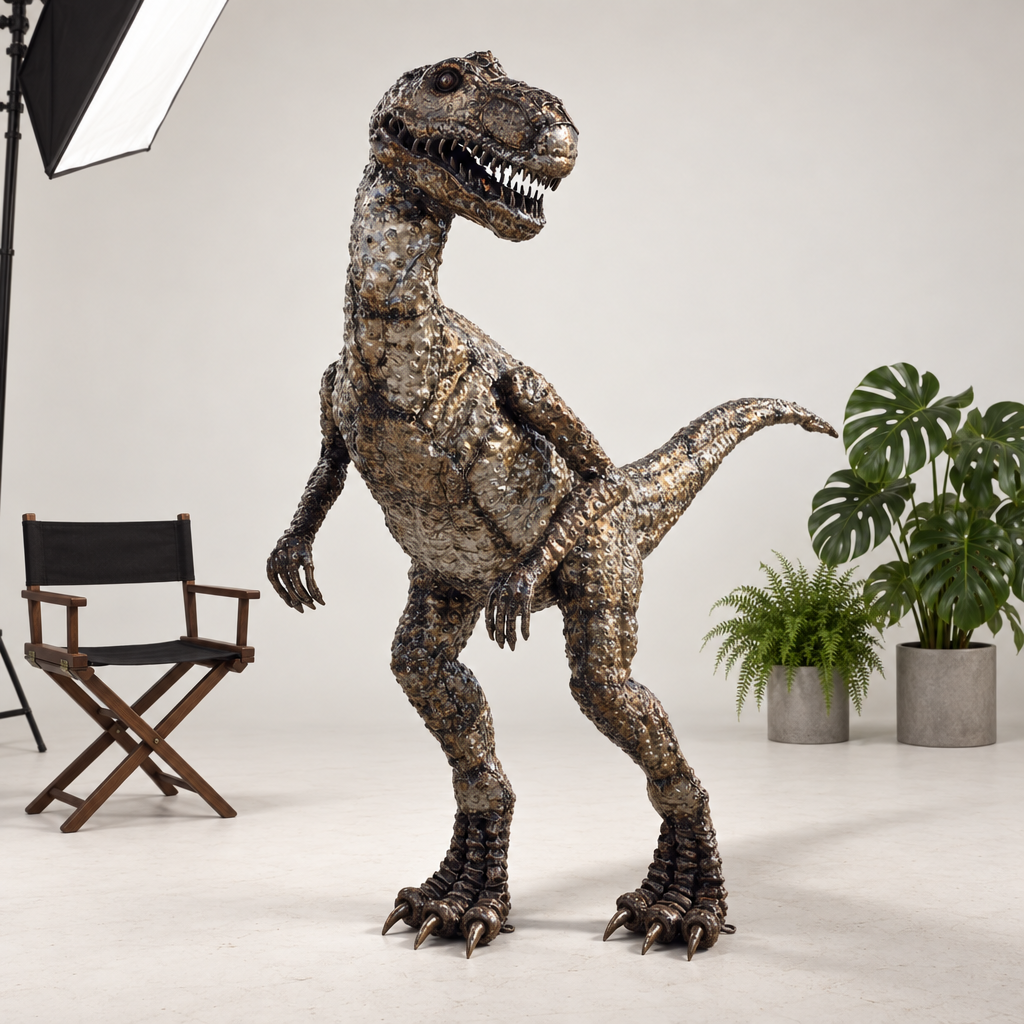 One-of-one metal Raptor sculpture, front view in the studio