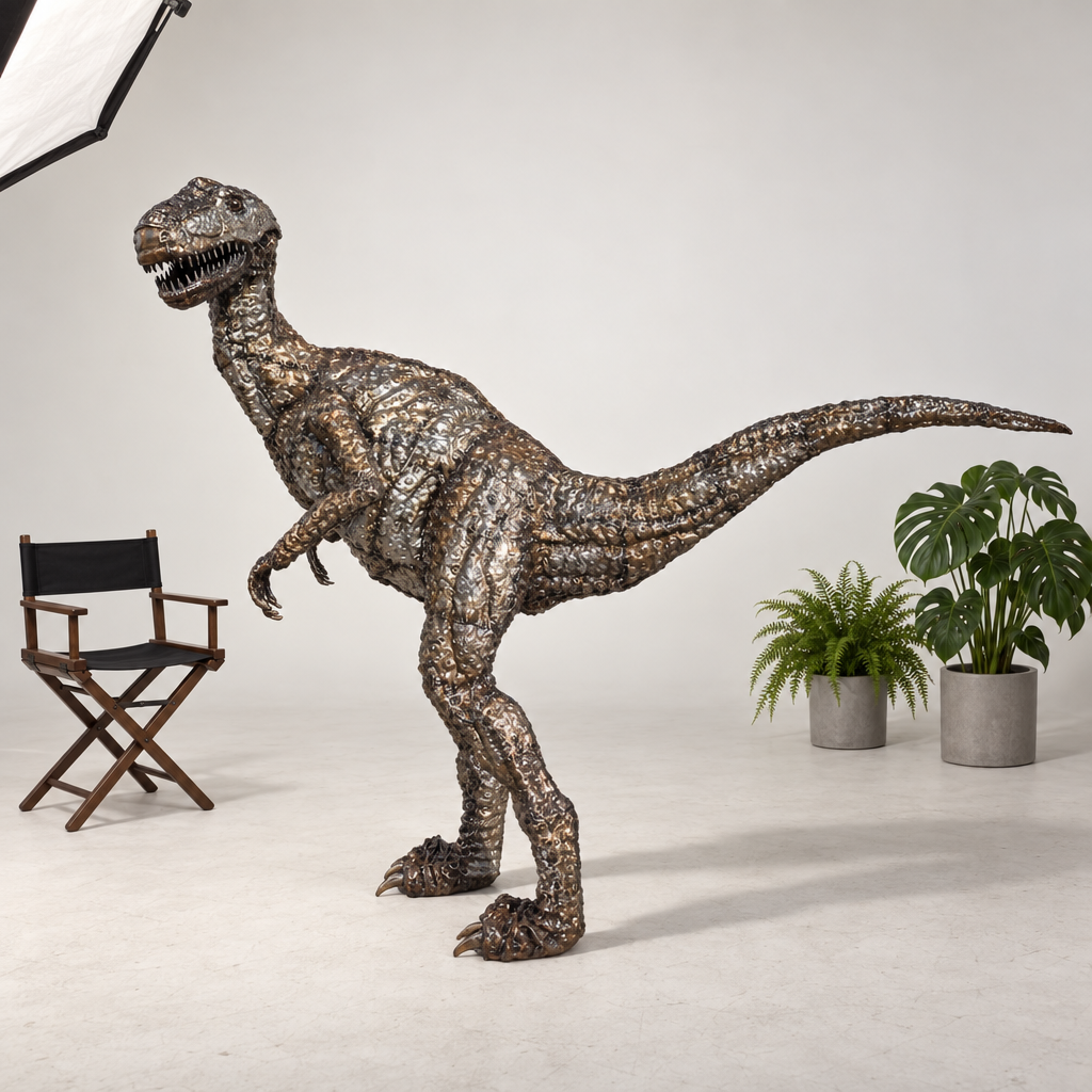 One-of-one metal Raptor sculpture, side view in the studio