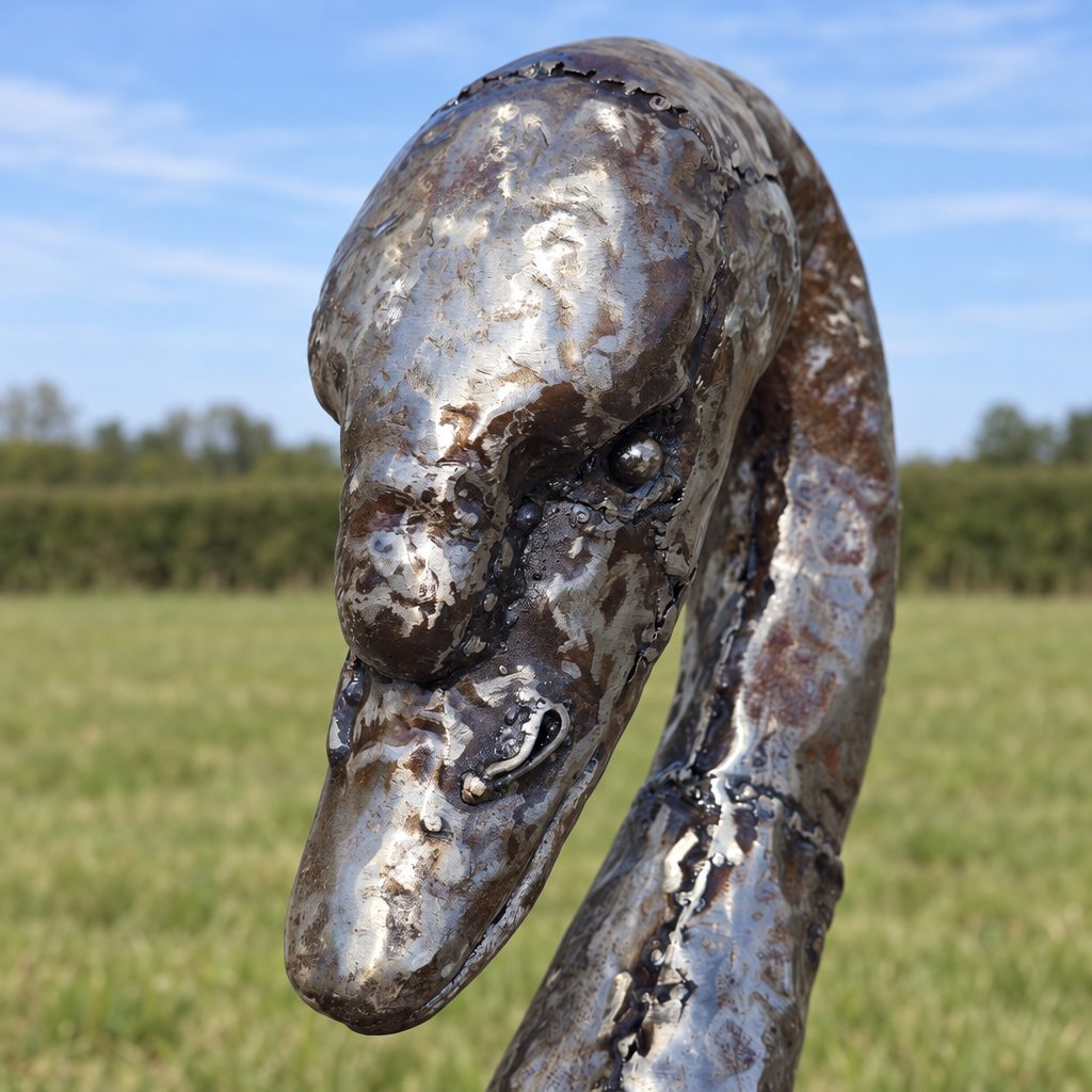Swan Sculpture - Wings Out, close-up of the head and metalwork
