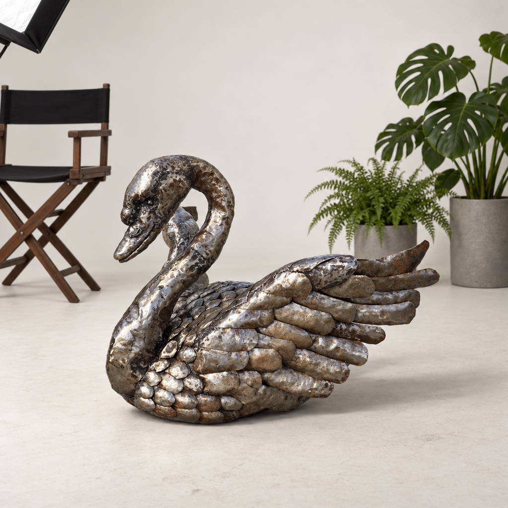 Swan Sculpture - Wings Out, three-quarter view in the studio