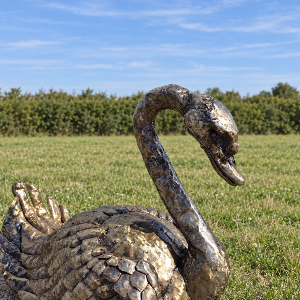 Swan Sculpture - Folded Wings and Raised Tail, three-quarter view in an outdoor setting