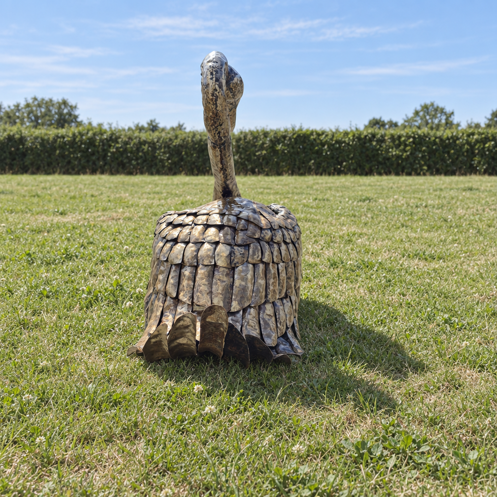 Swan Sculpture - Folded Wings and Raised Tail, rear view in an outdoor setting