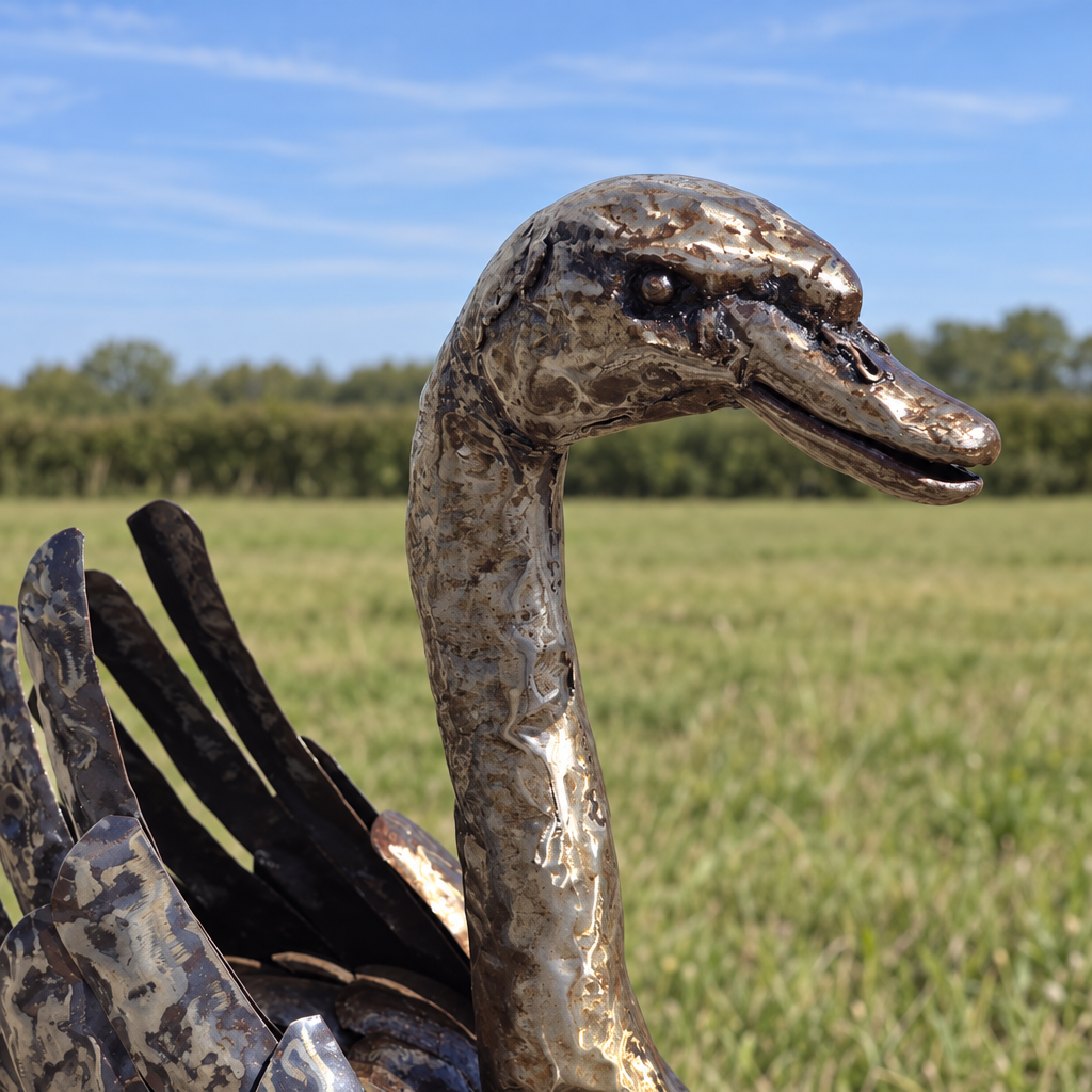 Swan Sculpture - Raised Wings, close-up of the head and metalwork