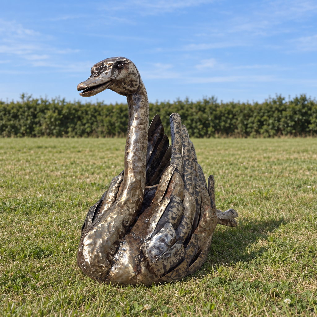Swan Sculpture - Raised Wings, three-quarter view in an outdoor setting