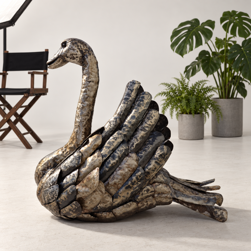 Swan Sculpture - Raised Wings, three-quarter view in the studio
