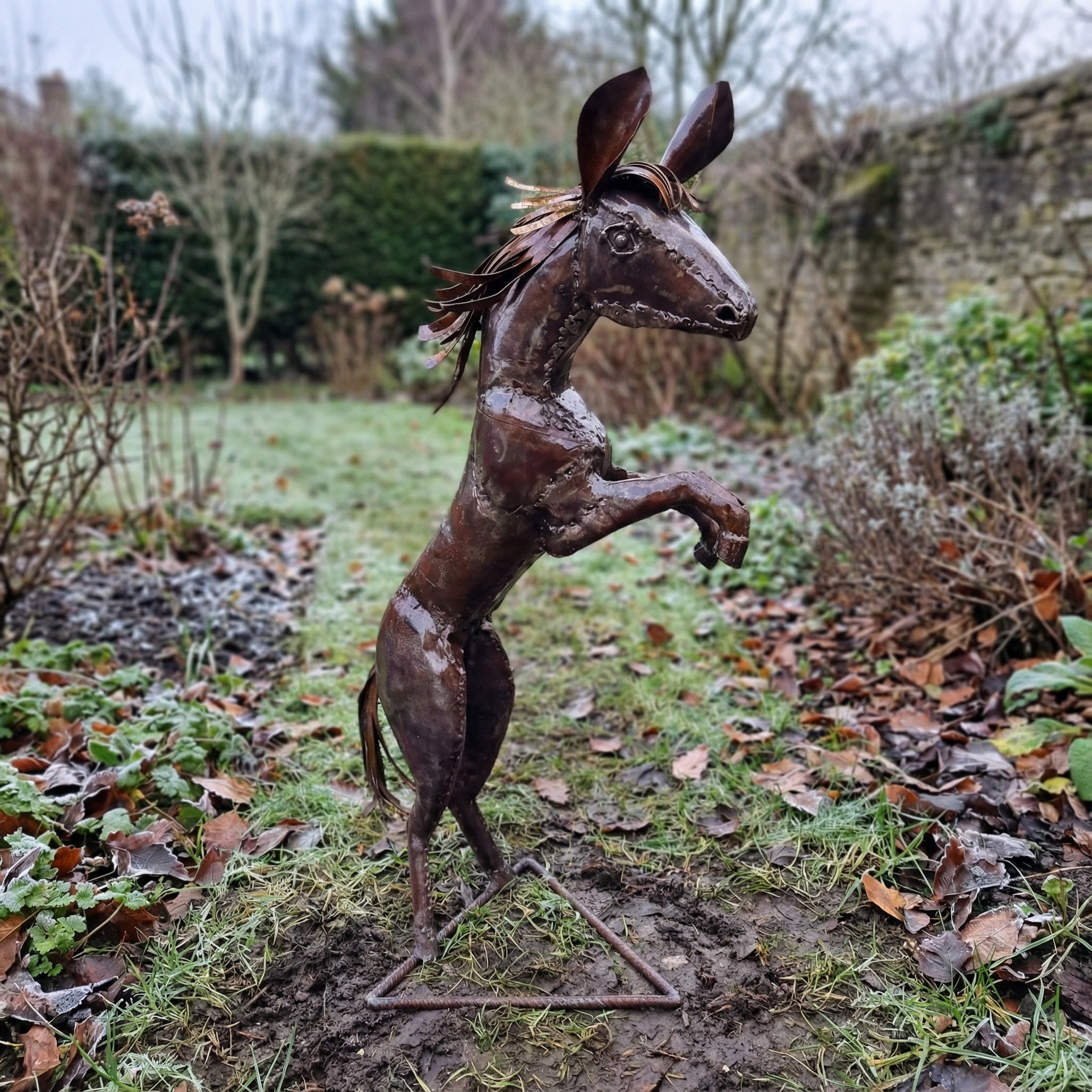 Small Natural Rearing Horse Metal Sculpture