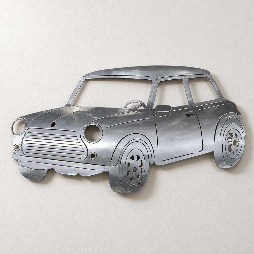 Mini Cooper metal wall art on a plain wall