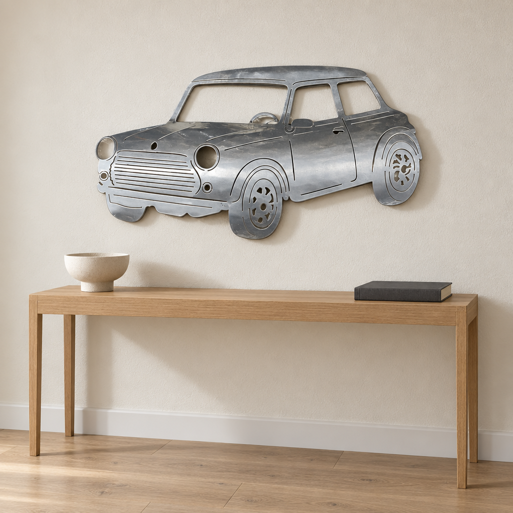 Mini Cooper metal wall art in an interior setting
