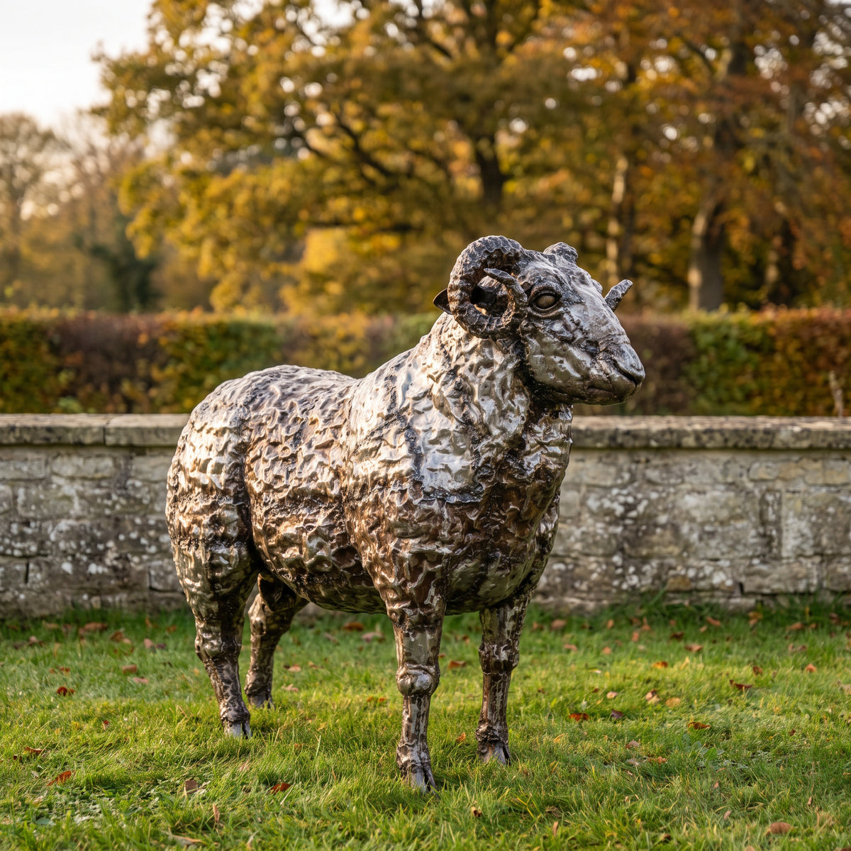 Ram metal sculpture beside a stone wall in an autumn garden