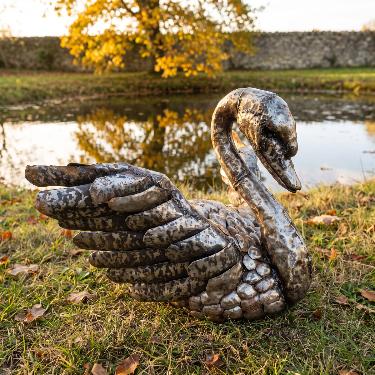 Swan with wings out metal sculpture beside a garden pond