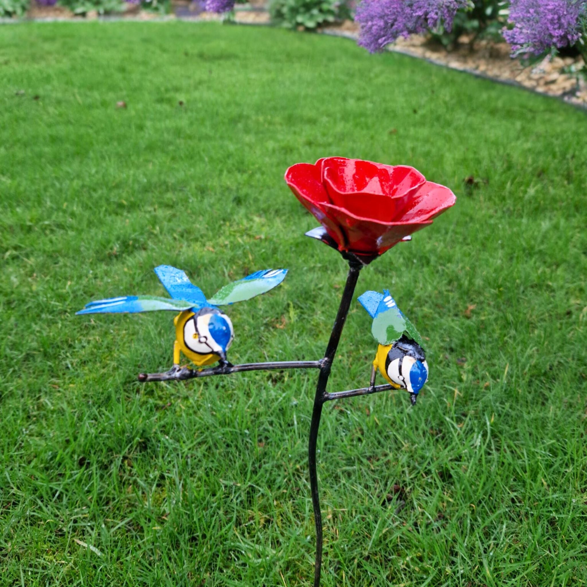 Painted Blue Tit Poppy Stand - Pangea Sculptures