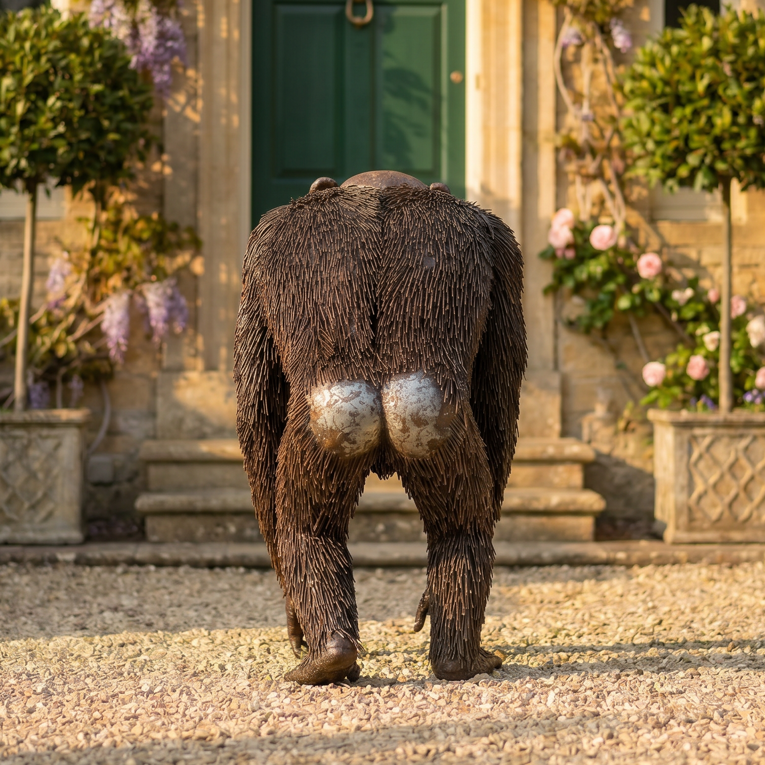 Brown chimp standing in front of a stone building with a green door and floral decorations.