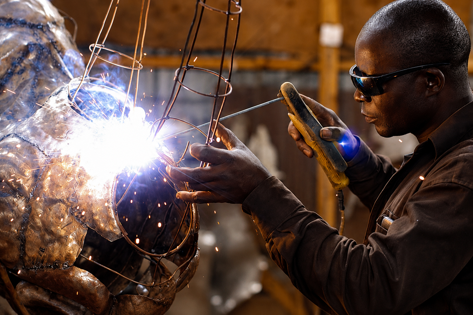 Artisan welding a large metal animal sculpture