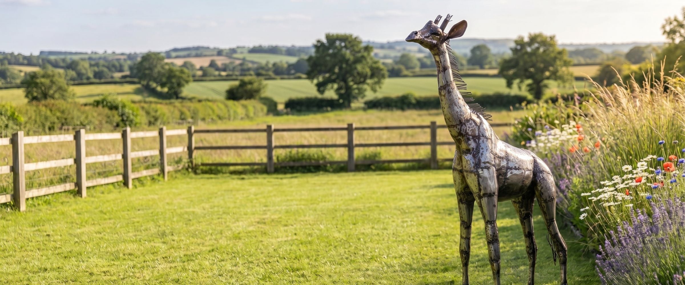 Pangea metal giraffe sculpture in a field