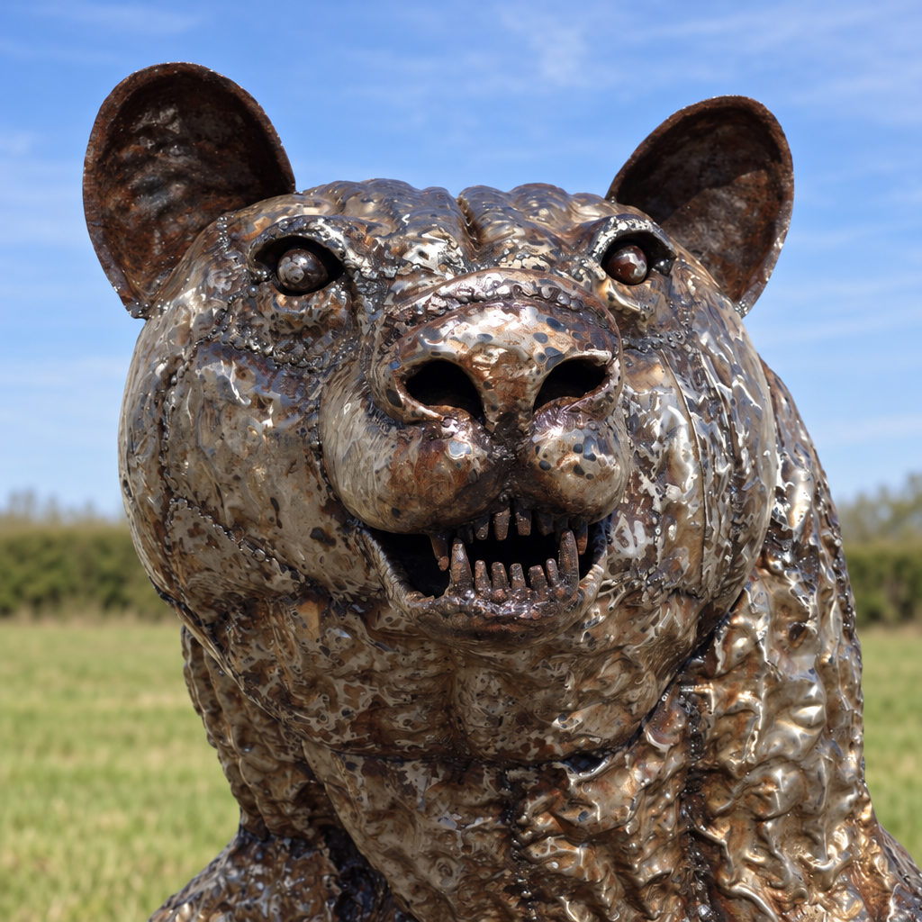 Adult Bear Sculpture, close-up of the head and metalwork