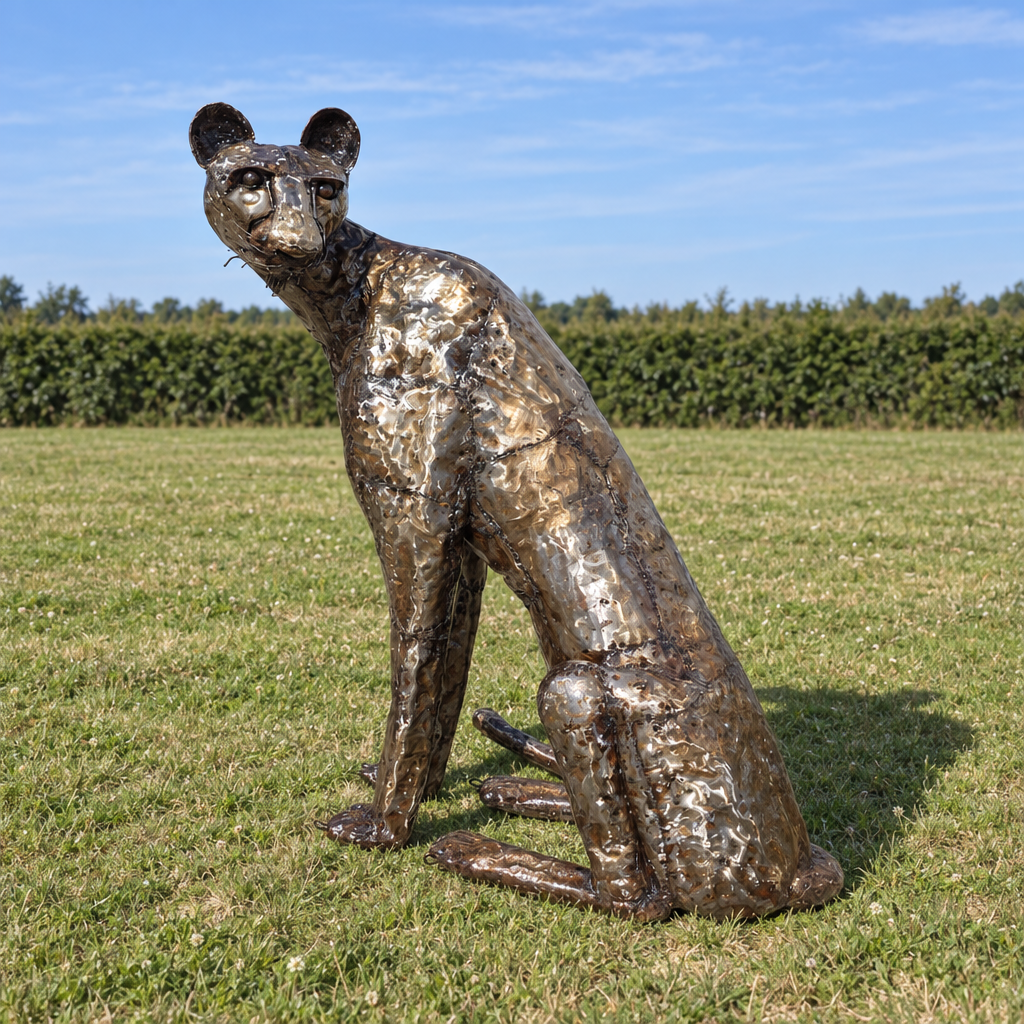 Sitting Cheetah Sculpture - Looking Left, three-quarter view in an outdoor setting