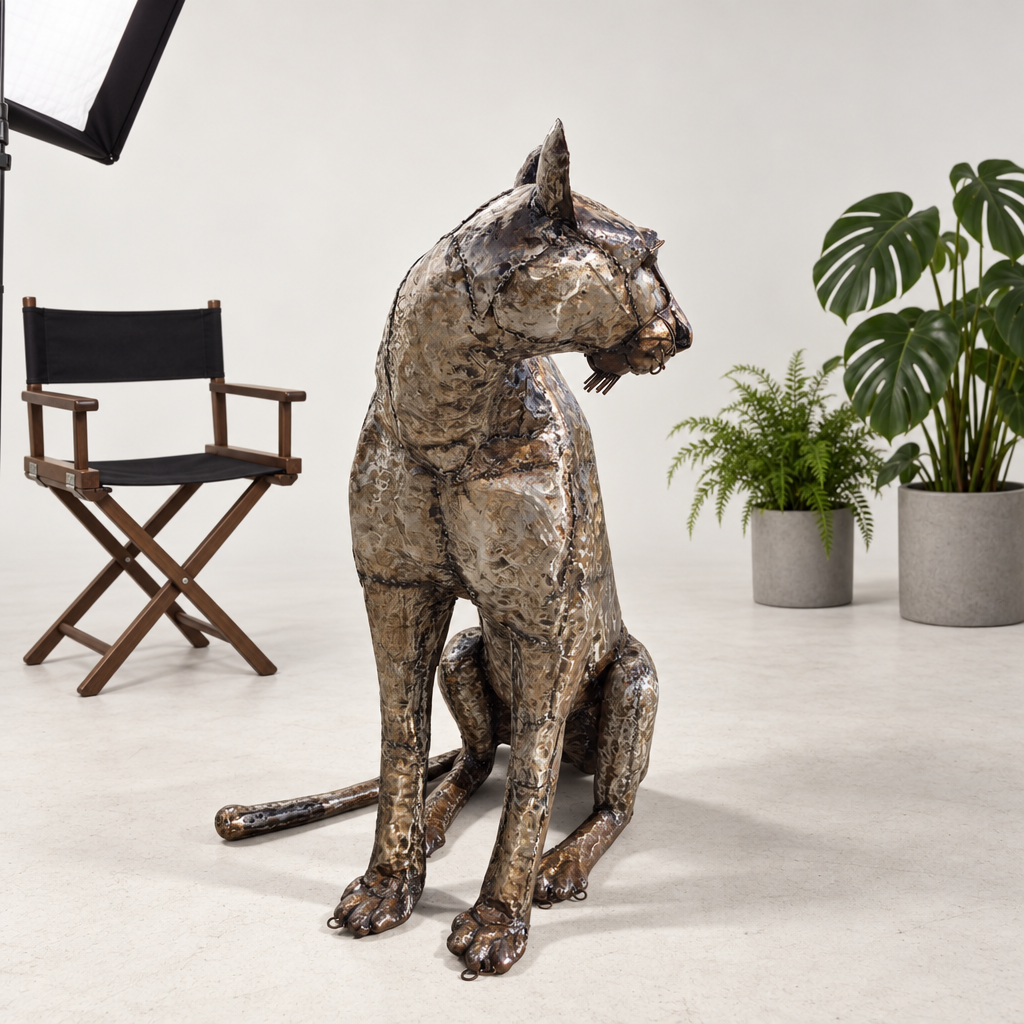 Sitting Cheetah Sculpture - Looking Left, three-quarter view in the studio