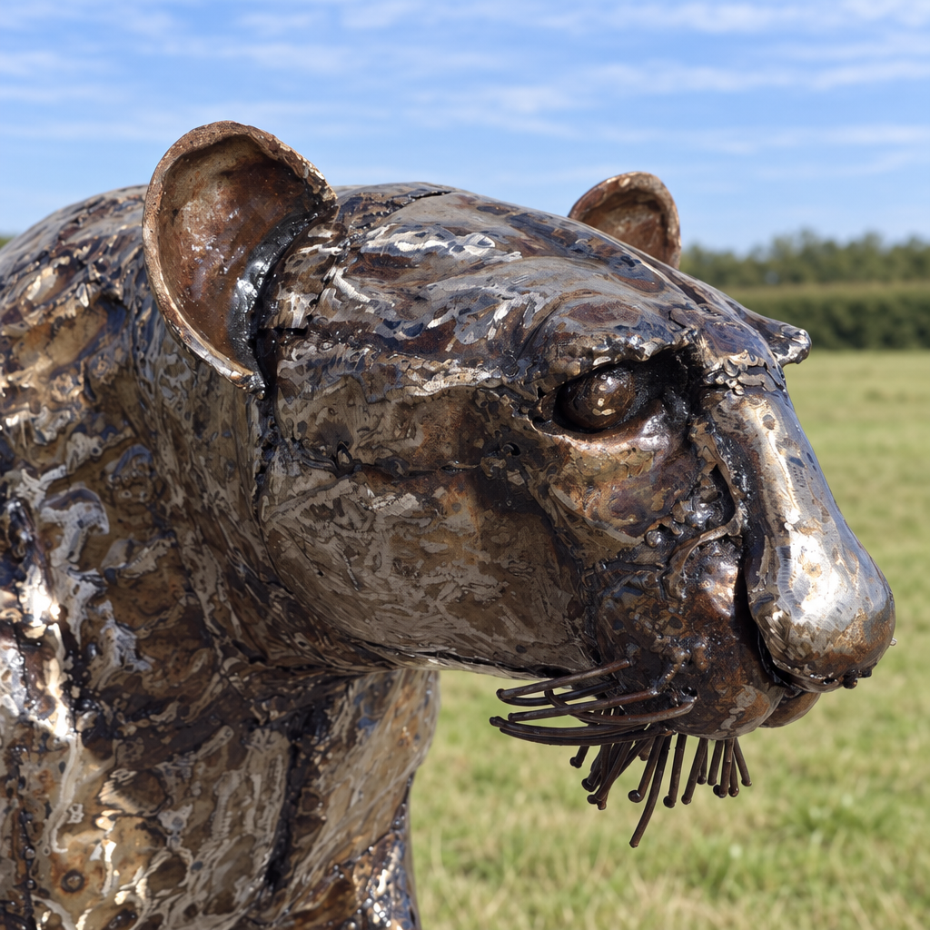 Standing Cheetah Sculpture - Looking Forward, close-up of the head and metalwork