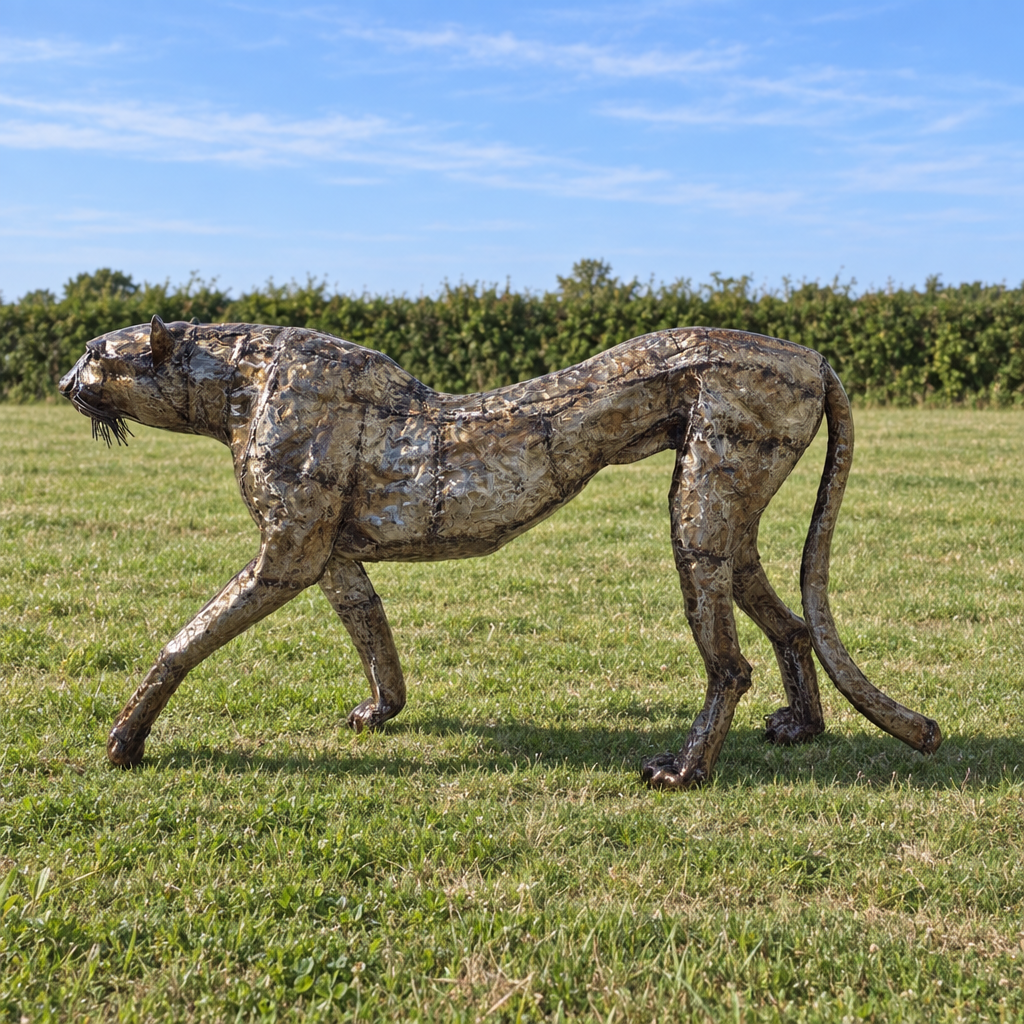 Standing Cheetah Sculpture - Looking Forward, three-quarter view in an outdoor setting