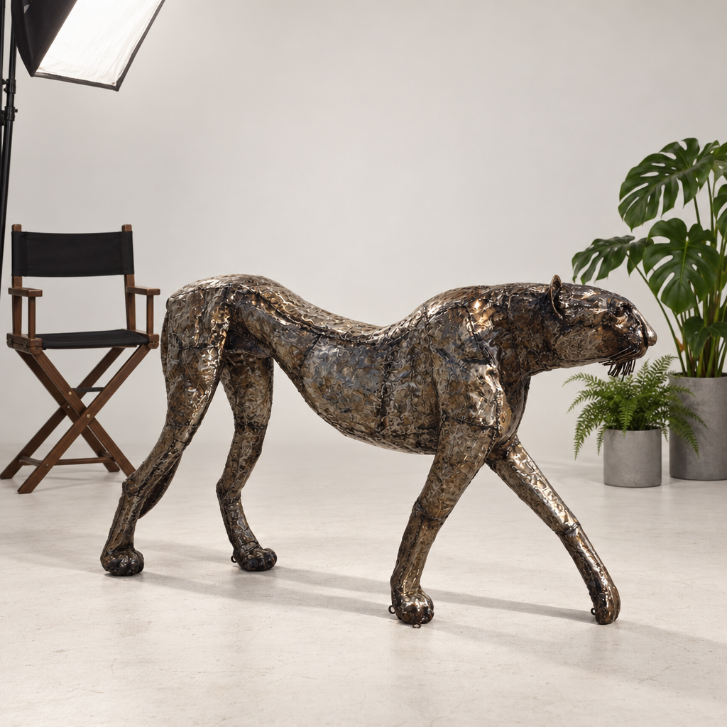 Standing Cheetah Sculpture - Looking Forward, three-quarter view in the studio