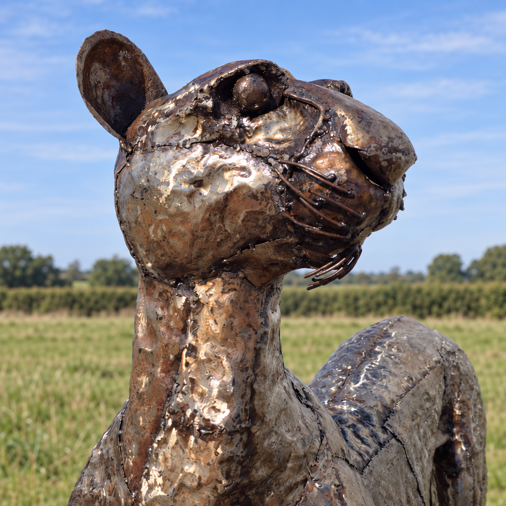 Standing Cheetah Sculpture - Looking Up Left, close-up of the head and metalwork