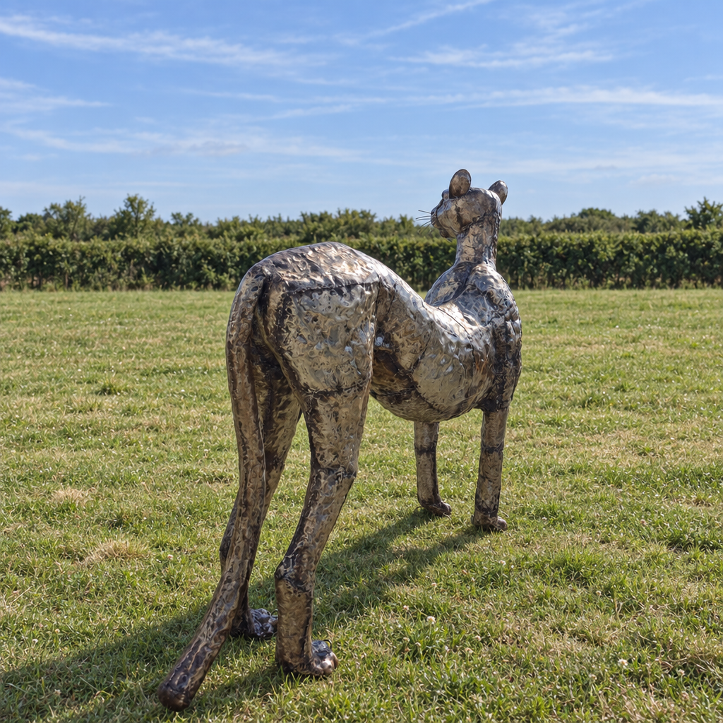 Standing Cheetah Sculpture - Looking Up Left, rear view in an outdoor setting
