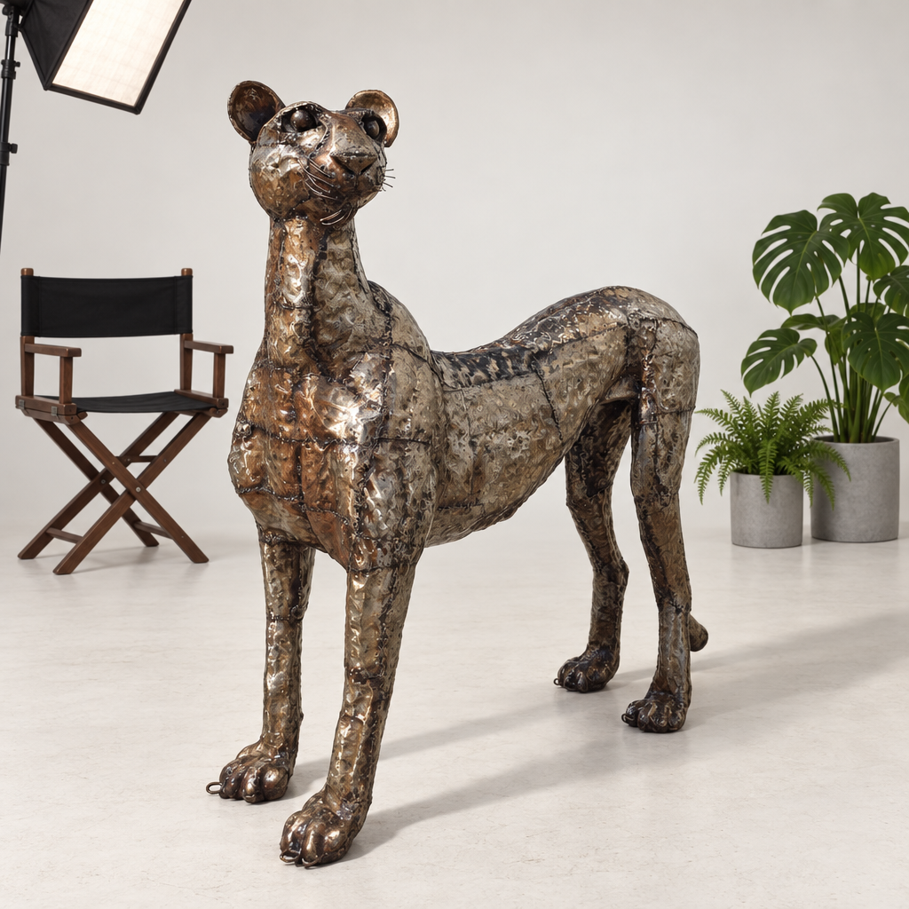 Standing Cheetah Sculpture - Looking Up Left, front view in the studio
