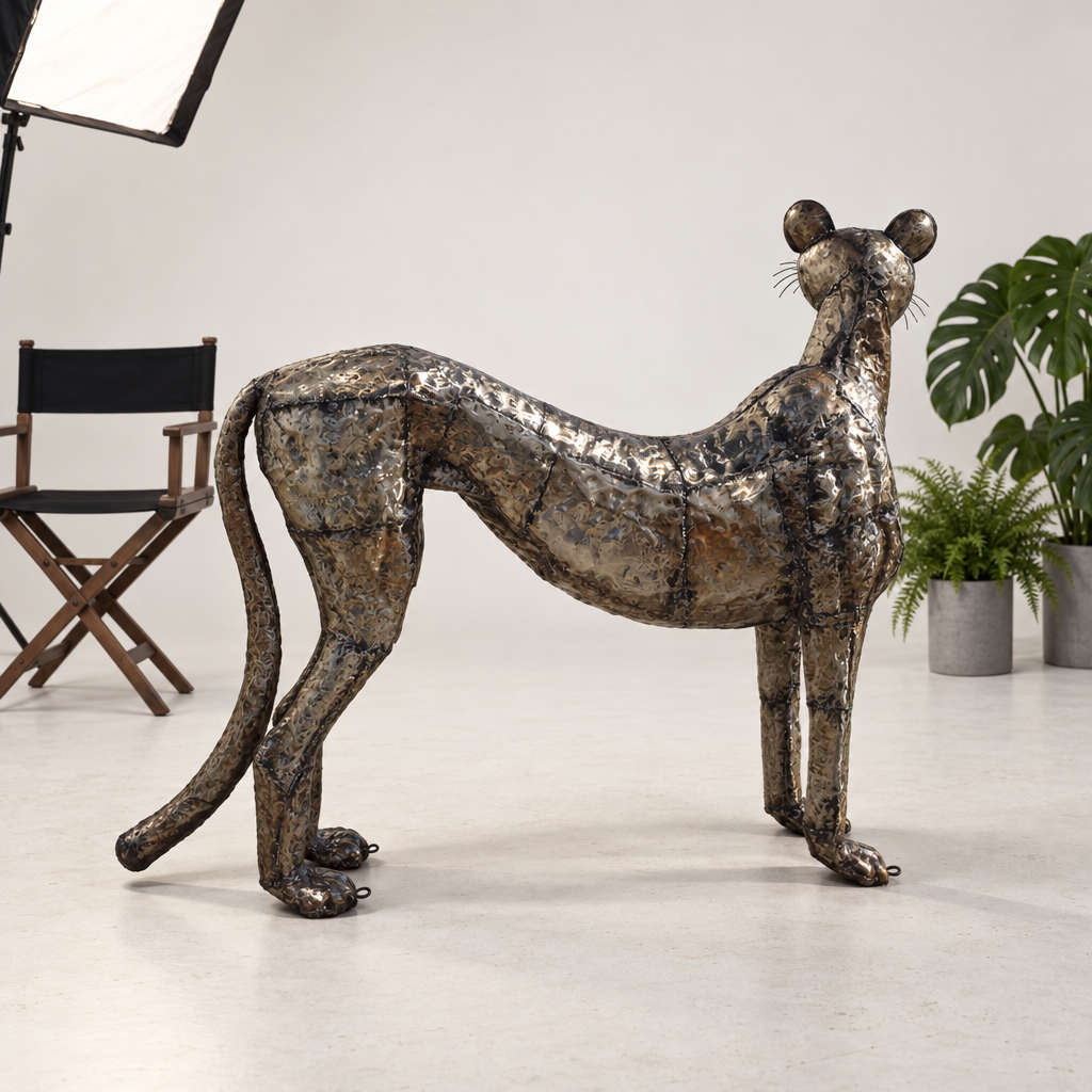 Standing Cheetah Sculpture - Looking Up Left, three-quarter view in the studio