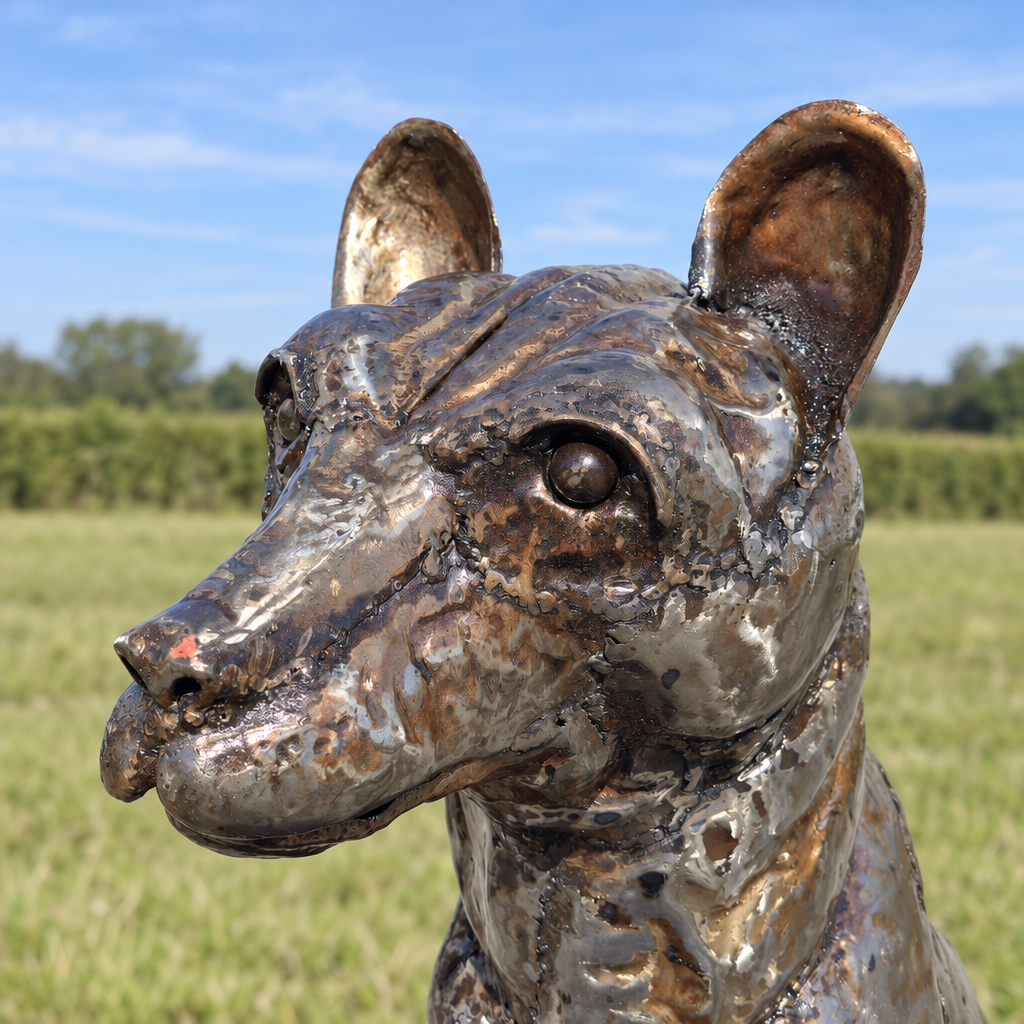 Sitting Fox Sculpture, close-up of the head and metalwork