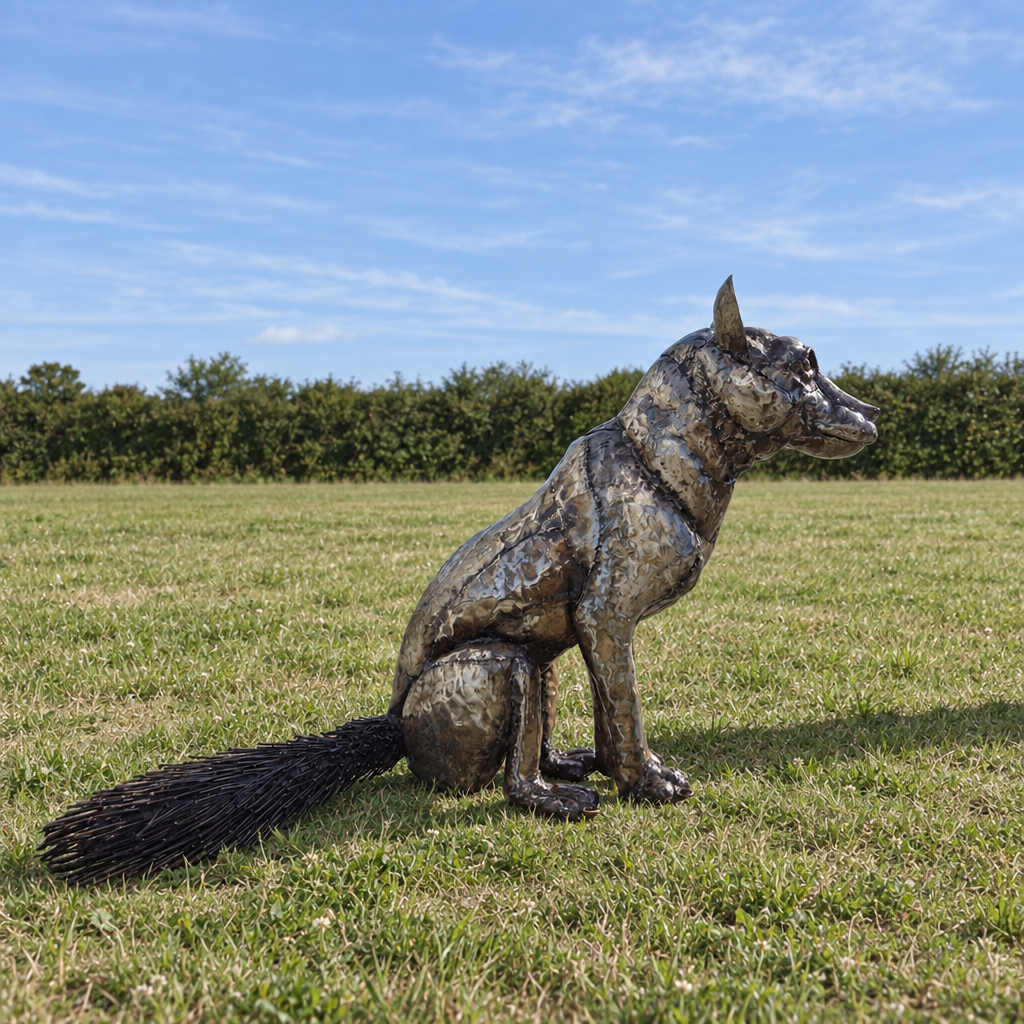Sitting Fox Sculpture, three-quarter view in an outdoor setting