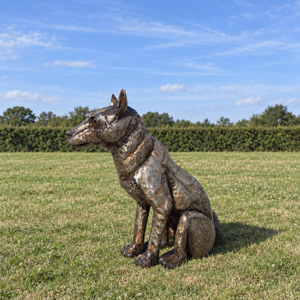 Sitting Fox Sculpture, rear view in an outdoor setting
