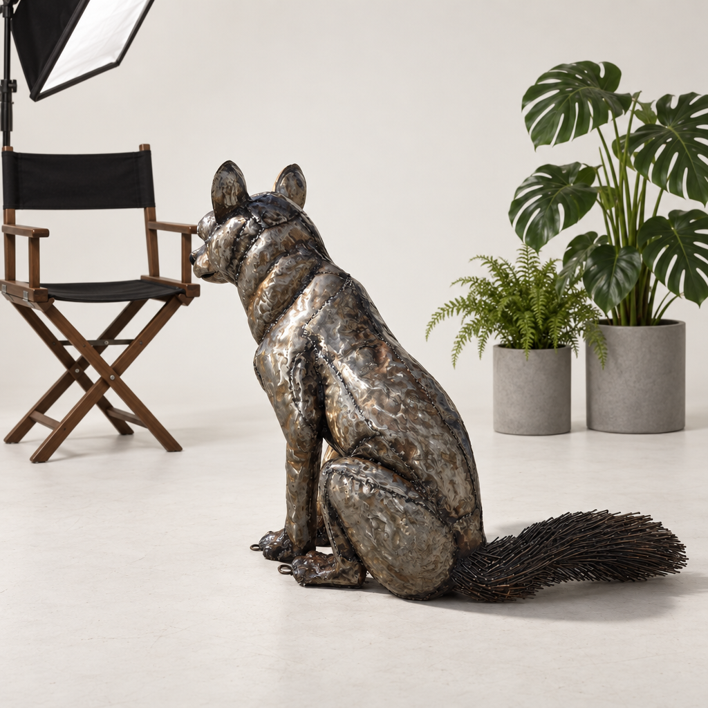 Sitting Fox Sculpture, three-quarter view in the studio