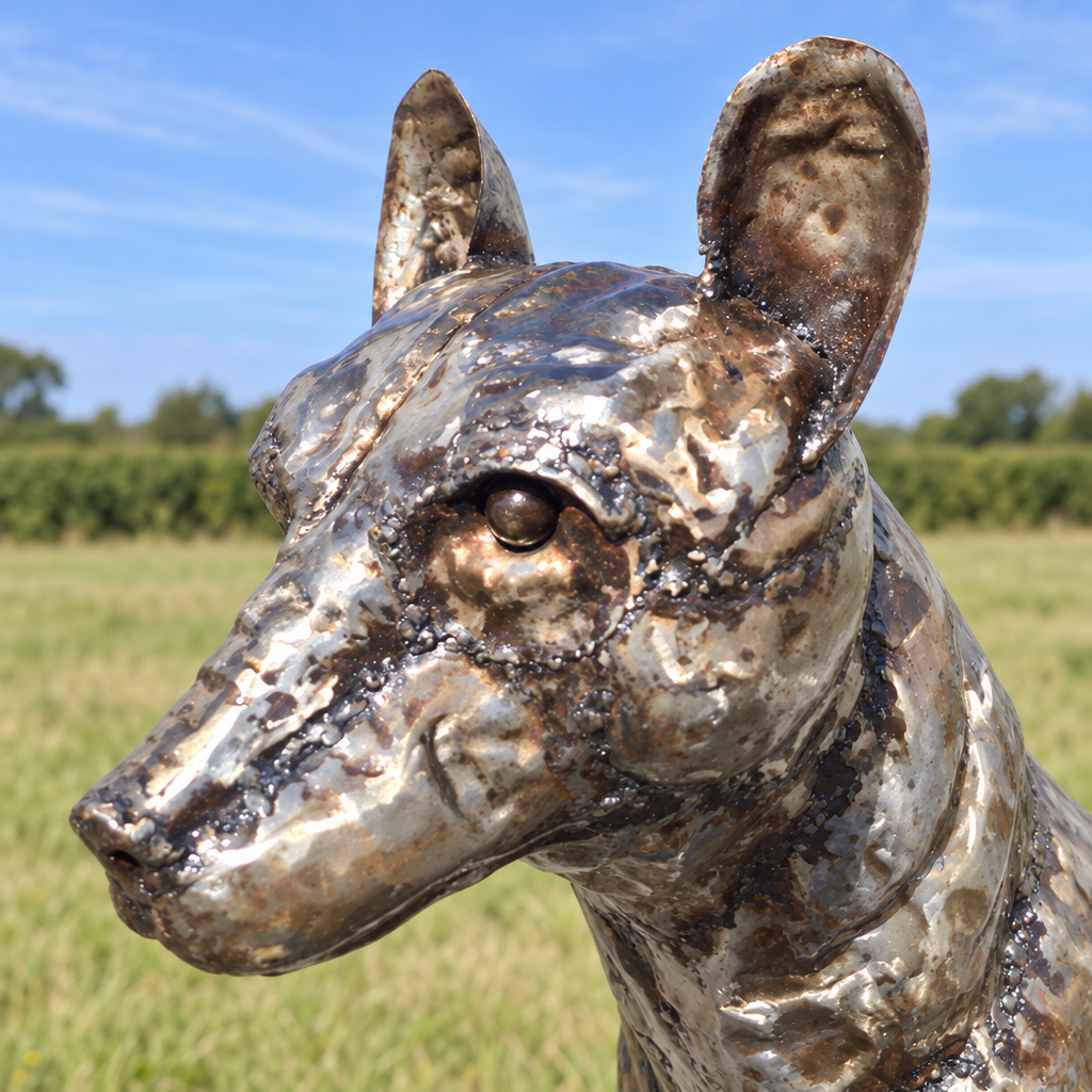 Standing Fox Sculpture, close-up of the head and metalwork
