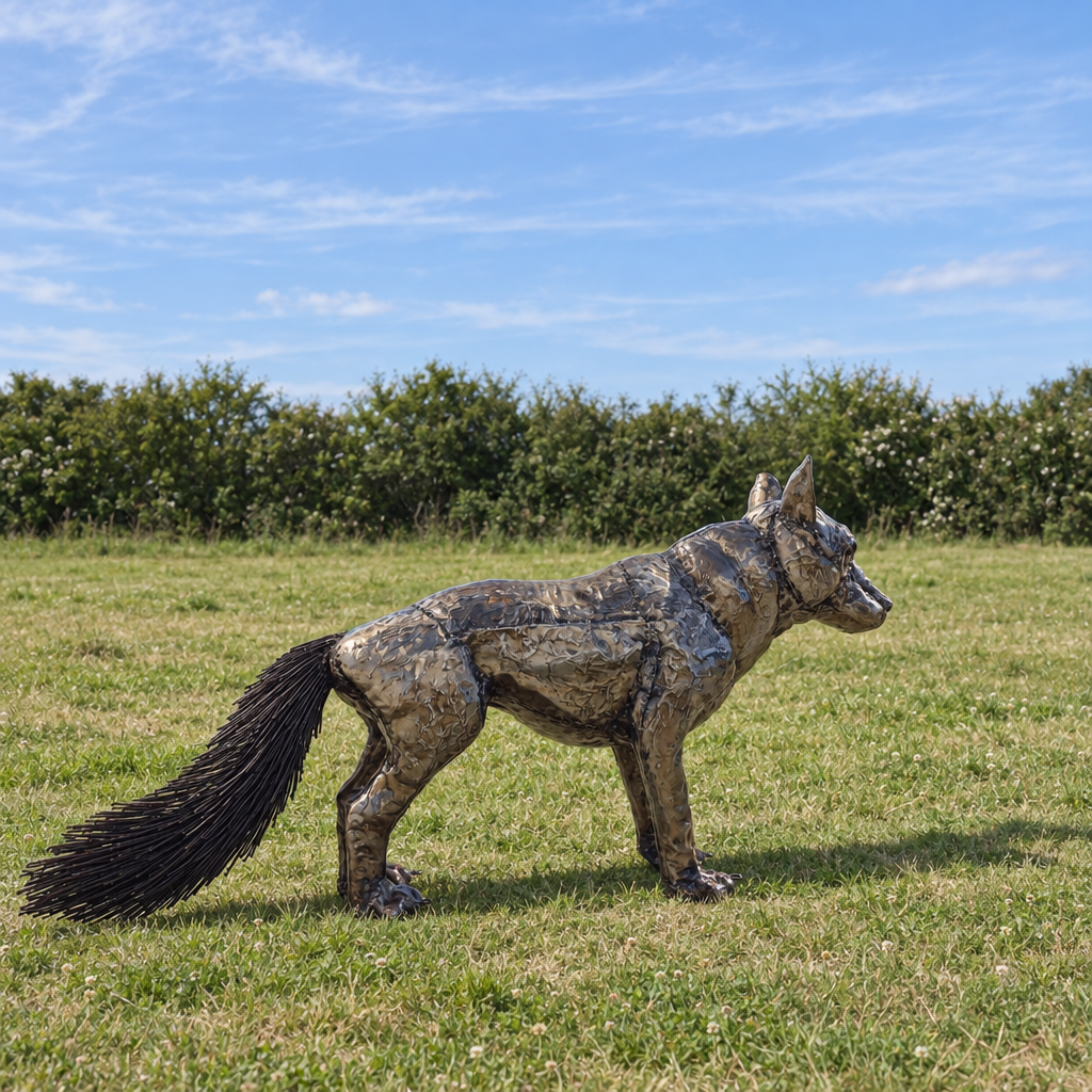 Standing Fox Sculpture, three-quarter view in an outdoor setting
