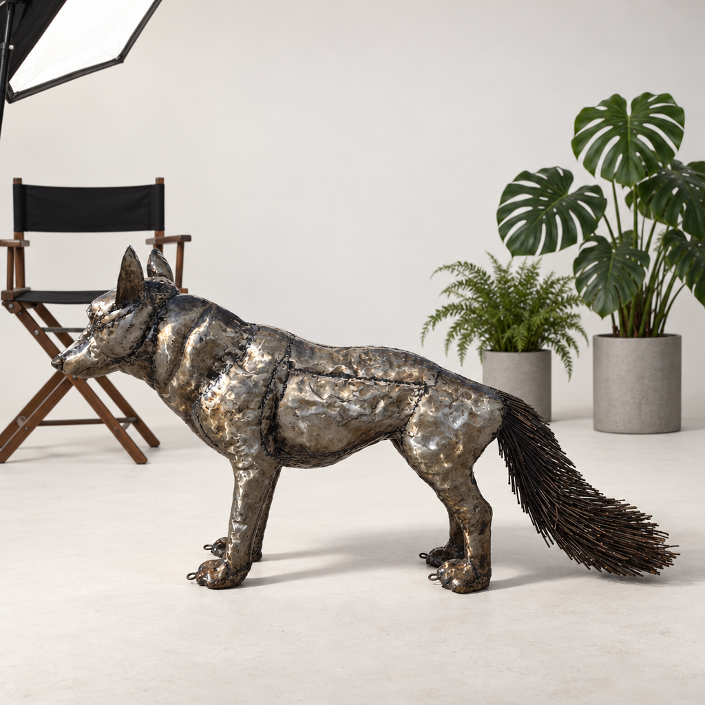 Standing Fox Sculpture, three-quarter view in the studio