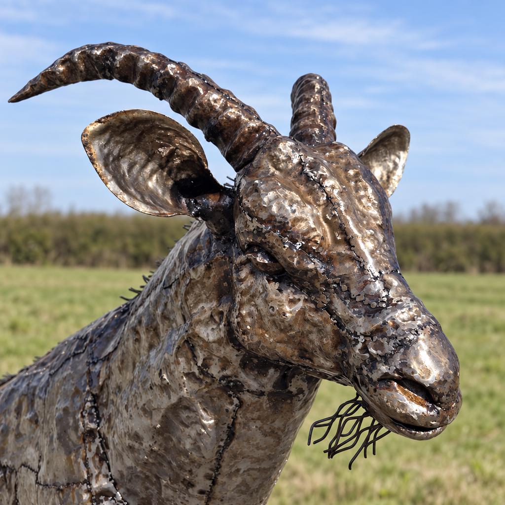 Goat Sculpture, close-up of the head and metalwork